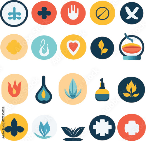 Holistic Icons: A curated selection of vibrant icons, designed in a modern and minimalist style, each with a unique emblem. They represent the essence of different concepts and ideas.