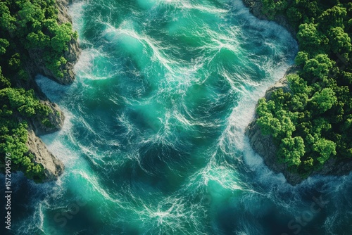 Rocky coastline with turquoise waves and lush vegetation.