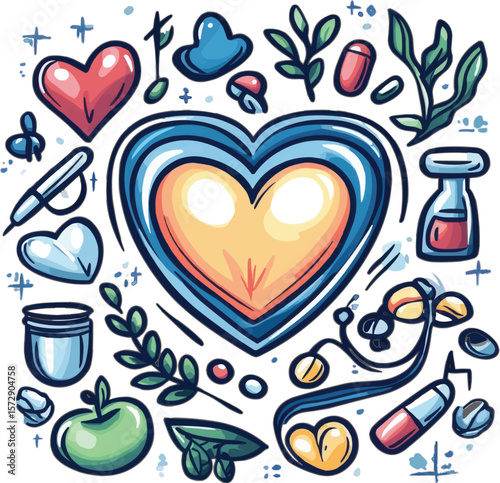 Vitality in Harmony: An artistic collection of symbolic elements radiates energy, with a striking central heart as the focal point, inviting contemplation on well-being. 