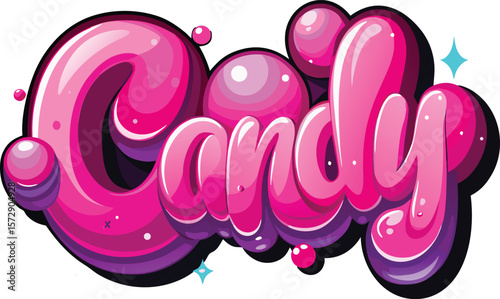 Vibrant pink and purple candy lettering with glossy bubbles and sparkles