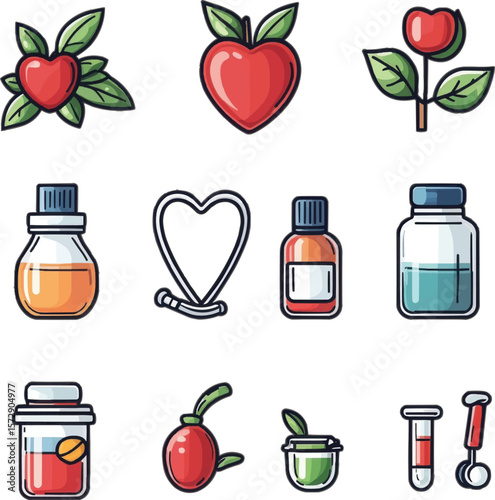Health and Wellness Icon Set: Vibrant and symbolic, this collection showcases essential elements for health and wellness with bold and friendly illustration.