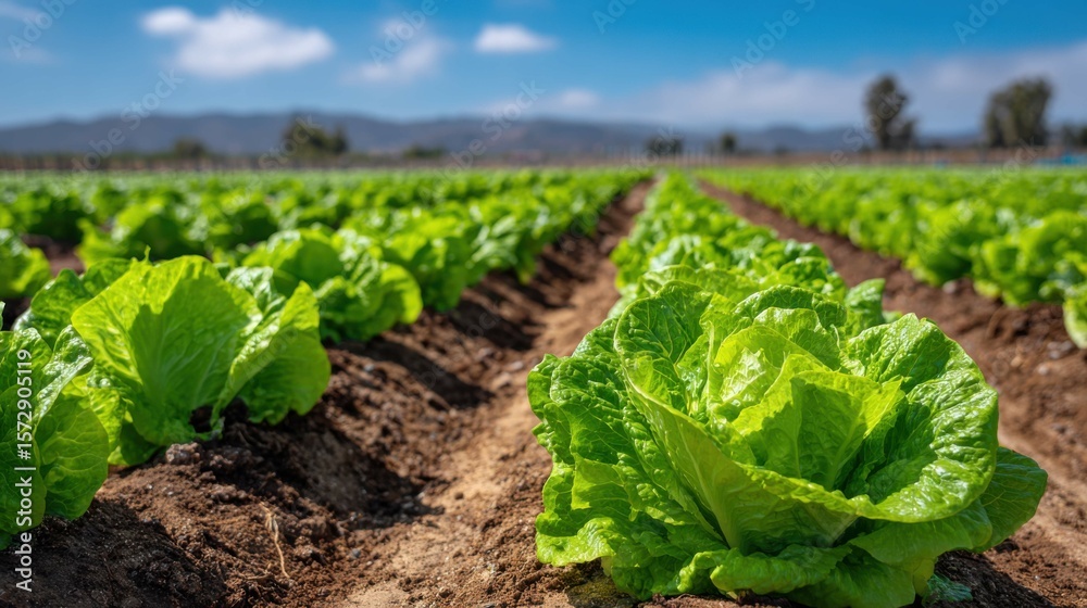 Rows of green lettuce growing on modern farm under blue sky Rows of green lettuce growing on modern farm under blue sky