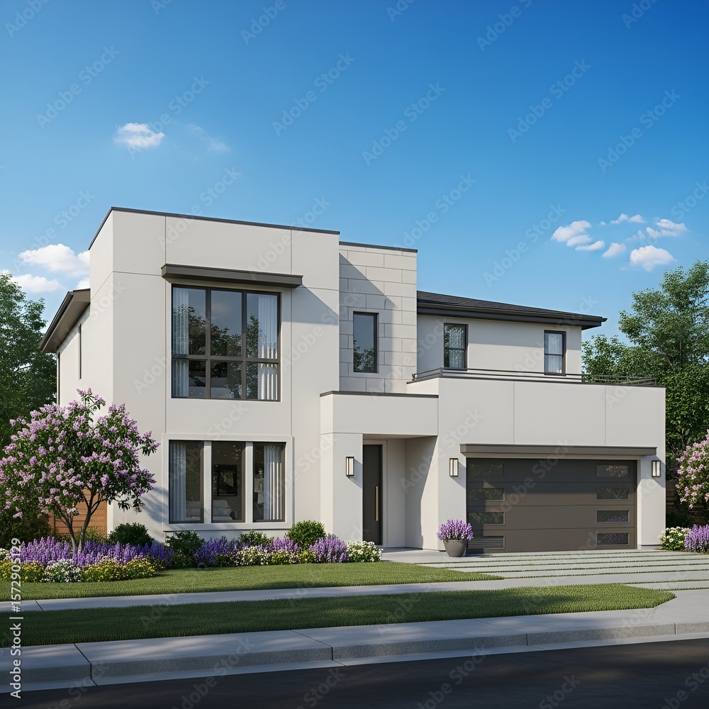 Fototapeta premium Contemporary Two Story Home with Clean Minimalist Design and Sunny Landscaped Exterior