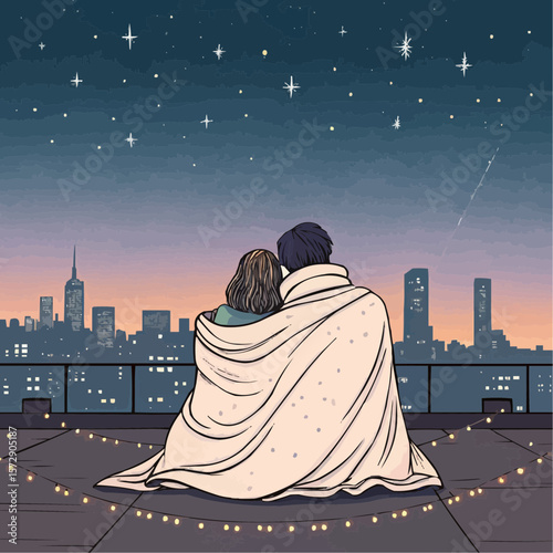 Couple Wrapped in Blanket on Rooftop Overlooking City Skyline 