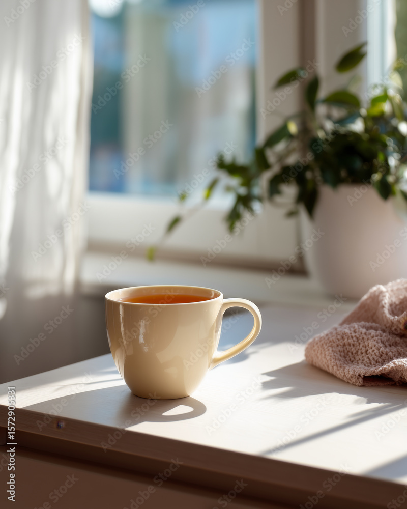 Obraz premium Lifestyle photo of a desk in front of an open window, with a nice cup of tea.