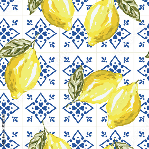 Yellow lemon citrus fruits, blue and white ceramic tile background. Vector illustration. Seamless pattern. Summer trendy design. Italian coast