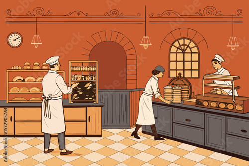 A vintage vector illustration depicting bakers in old-fashioned uniforms working in a traditional bakery.