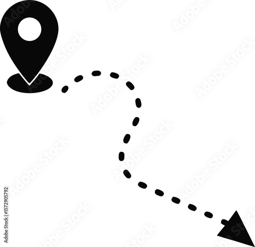 Black location pin with dotted path and arrow marker navigation