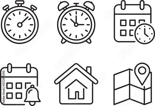 Simple Line Art Icons Representing Time Management, Scheduling, Location, and Home Featuring Stopwatch, Alarm Clock, Calendar, Map Pointer, and House Symbol