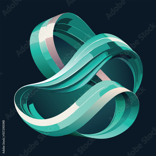 Abstract flowing ribbon shape with teal and white colors silhouette