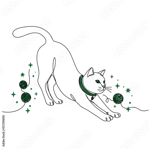 Cat stretching gracefully in monoline vector style with bold emerald green detail, flowing into playful abstract shapes on white background