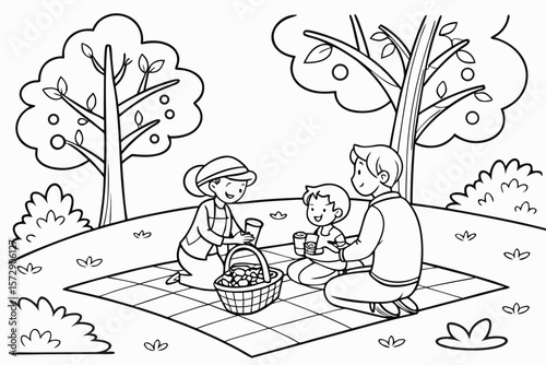 Vector line art of a family having a picnic in the park, mom, dad, and kids, friendly style, black and white coloring page for kids