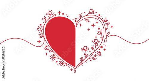 Heart in monoline vector illustration with smooth continuous line and bold cherry red fill, flowing into delicate vines, tiny blossoms, and sparkles on white background 