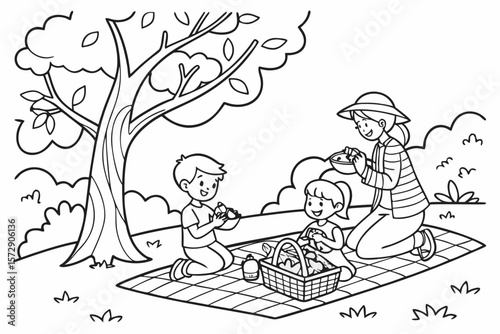 Vector line art of a family having a picnic in the park, mom, dad, and kids, friendly style, black and white coloring page for kids