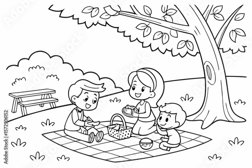 Vector line art of a family having a picnic in the park, mom, dad, and kids, friendly style, black and white coloring page for kids