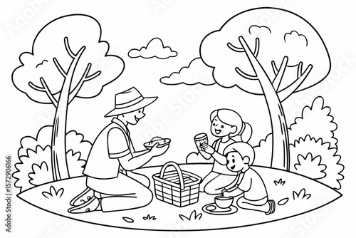 Vector line art of a family having a picnic in the park, mom, dad, and kids, friendly style, black and white coloring page for kids