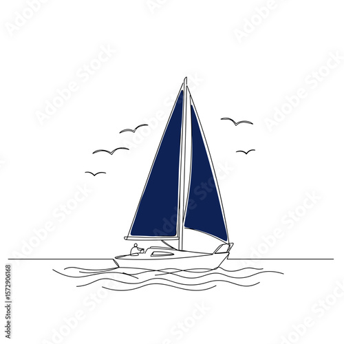 Sailboat gliding on water in monoline vector style with bold navy blue sail, soft outlines for hull and rigging, flowing into gentle waves on white background