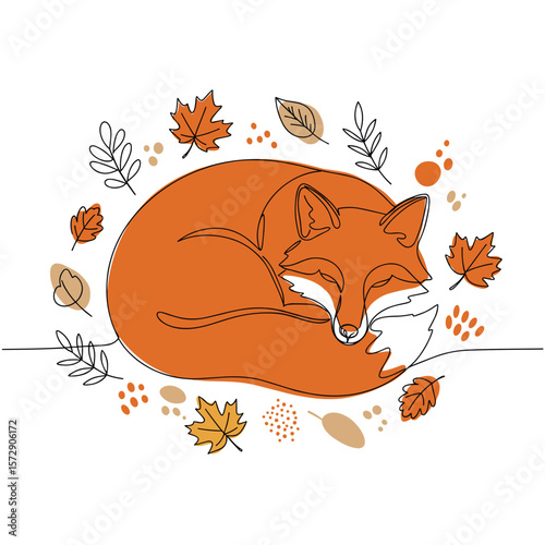 Fox curled up peacefully in monoline vector illustration with warm burnt orange tail and flowing scattered leaves on white background