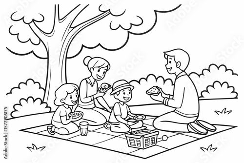 Vector line art of a family having a picnic in the park, mom, dad, and kids, friendly style, black and white coloring page for kids