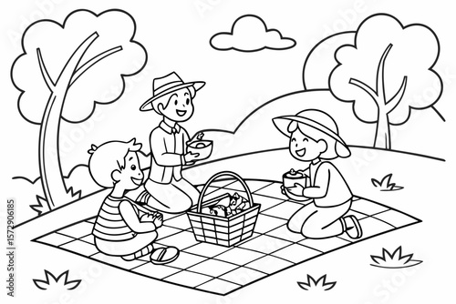 Vector line art of a family having a picnic in the park, mom, dad, and kids, friendly style, black and white coloring page for kids