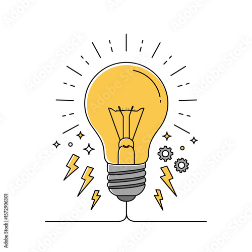 Glowing lightbulb in monoline vector illustration with bright yellow fill and flowing lightning bolts, stars, and gears on white background with copy space