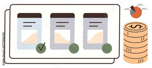 Product plan comparison with three cards, checkmark, pie chart, and coin stack. Ideal for pricing strategy, business choices, decision-making, cost analysis, marketing plans product management
