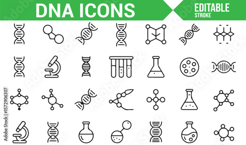 Set of DNA, Genetics, and Molecular Icons for Research, Science, and Biotechnology