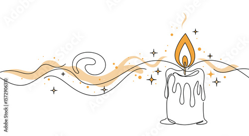 Candle burning in monoline vector illustration with soft golden yellow flame and flowing smoke curls, stars, and abstract waves on white background