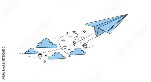 Paper airplane in flight in monoline vector illustration with light sky blue wings and trailing whimsical clouds, stars, and dotted paths on white background 