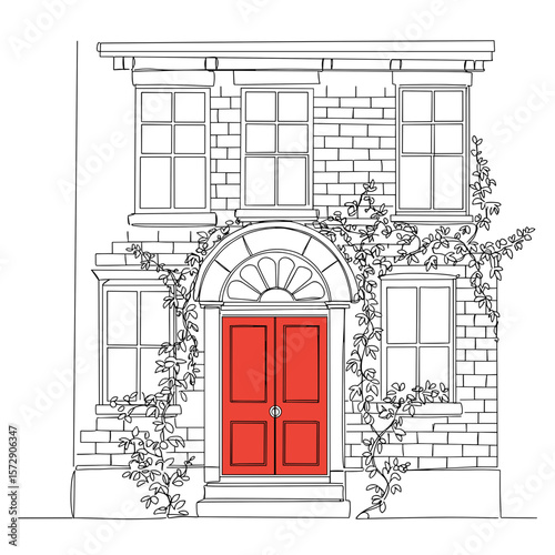 Classic building facade in monoline vector illustration with bold red door and flowing windows, bricks, and curling vines on white background