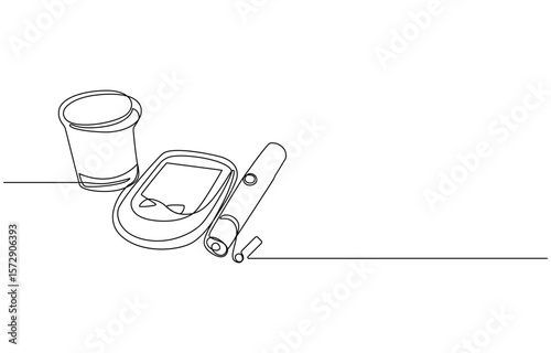 Continuous Line Art Blood Glucose Meter with EKG Wave, Glucose Monitoring Tools Line Art, Diabetes Medical Device One Line Drawing, Continuous Line Drawing of Blood Glucose Meter and Lancet