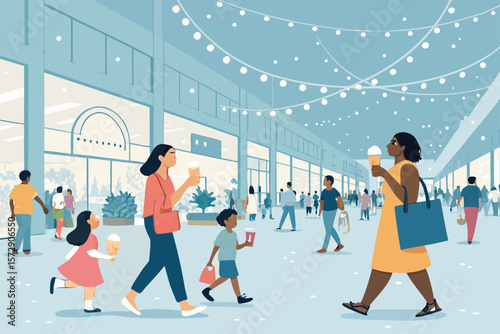 A vibrant vector illustration depicting a bustling crowd enjoying a weekend at a spacious shopping mall.