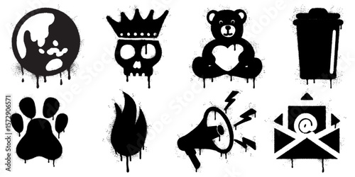 Graffiti Style Icon Collection. Dripping Spray Paint Stencil Symbols Set. including a melting globe, crowned skull, heart teddy bear, trash bin, paw print, flame, megaphone, and email envelope.