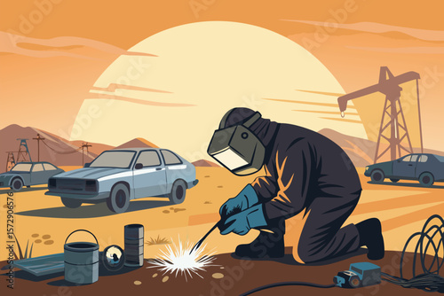 A vector illustration of a welder working in a desert scrapyard, amidst rusted metal and sand.