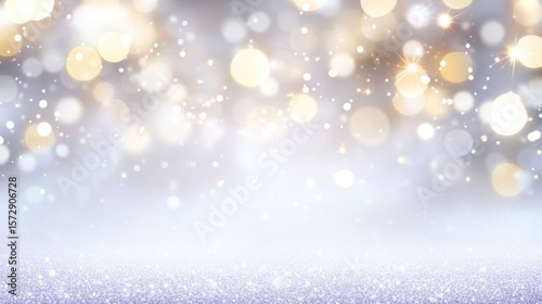 Shimmering bokeh lights and glitter create a festive, elegant winter scene