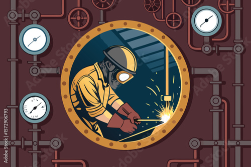 A vector illustration of a welder meticulously working on a ship's engine, amidst the complex machinery of the engine room.
