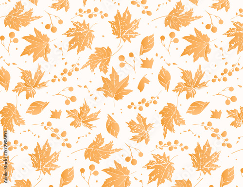Maple leaves and berries seamless pattern, hand-drawn vector style, warm orange on cream, clean flat texture, perfect for fall decor, textiles, wrapping paper, seasonal backgrounds.