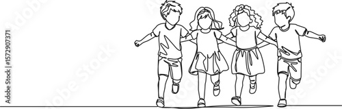 continuous single line drawing of four children joyfully running around together, line art vector illustration