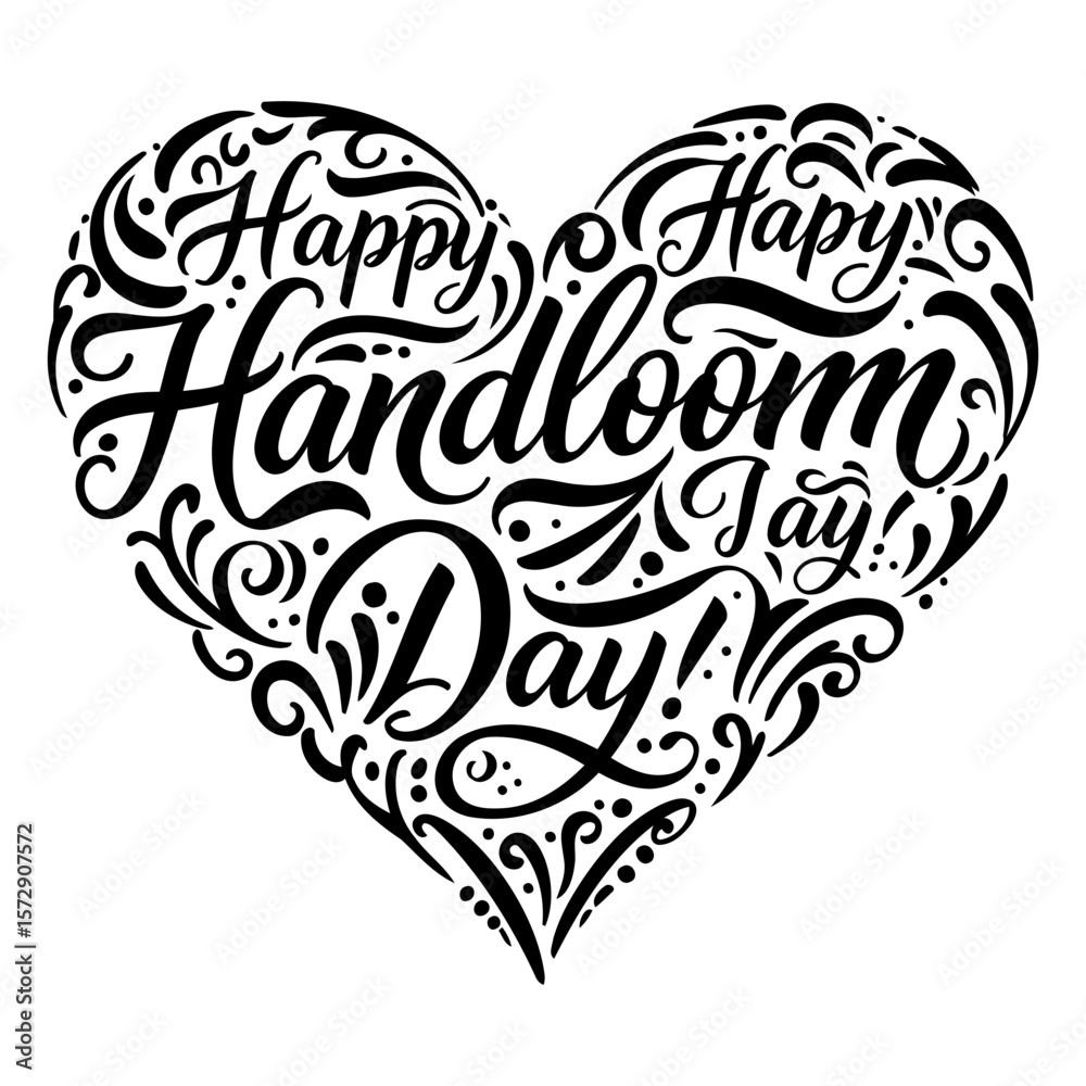 Fototapeta premium Happy Handloom Day graphic design, in a heart shape, for general use. Decorative typography with swirls and dots creates a festive, stylized design for a celebration.