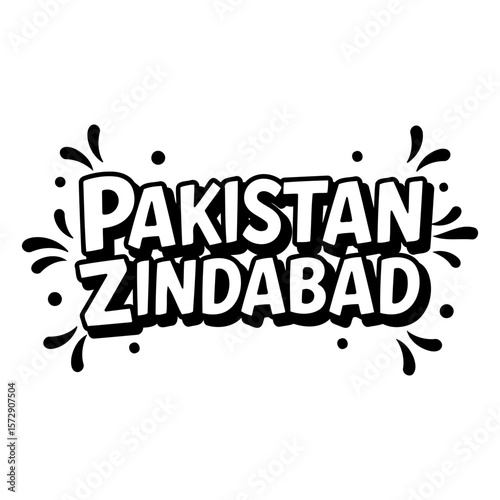 Pakistan Zindabad slogan graphic design. Bold, stylized text with decorative elements. Political/nationalist message. Use for social media, merchandise, or editorial content.