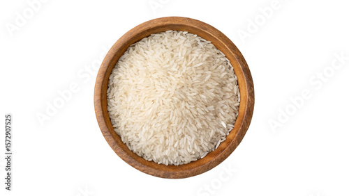 Uncooked White Rice in Wooden Bowl Isolated on Transparent Background
