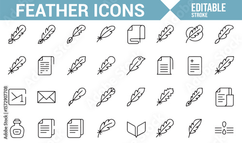 Feather Pen, Letter, and Writing Symbol Icons for Literature, Writing, and Communication