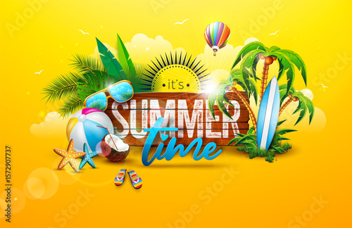 Summer Time Holiday Banner Design with Flower, Beach Ball and Typography Lettering in Vintage Wood Board on Tropical Island Background. Vector Vacation Illustration with Sunshine for Flyer, Invitation