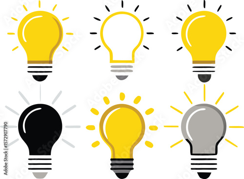Bright ideas glowing yellow black and grey lightbulbs inspiration creativity