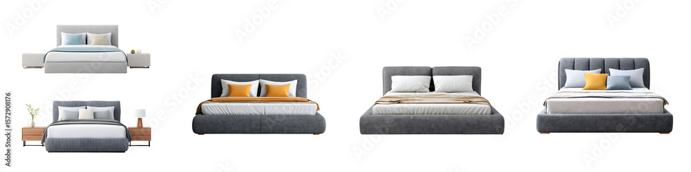 Obraz premium Modern Bed Collection on White Background: Bedroom Furniture Sets, Isolated