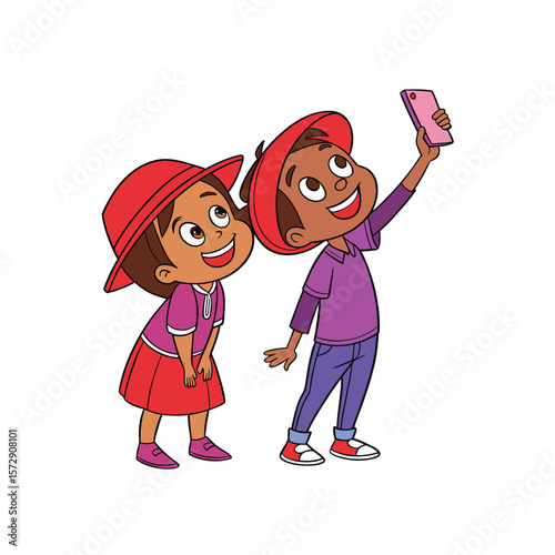 Two excited children taking a selfie together using a smartphone illustration