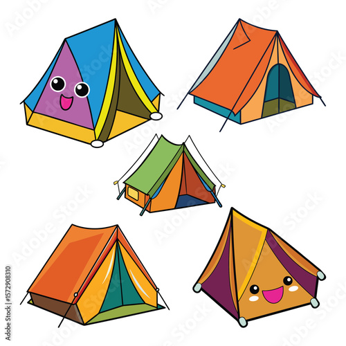 Colorful camping tents with happy faces outdoor adventure