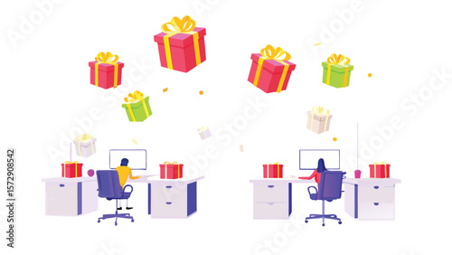 Two office setups with people working at computers and gifts floating above them in a festive scene