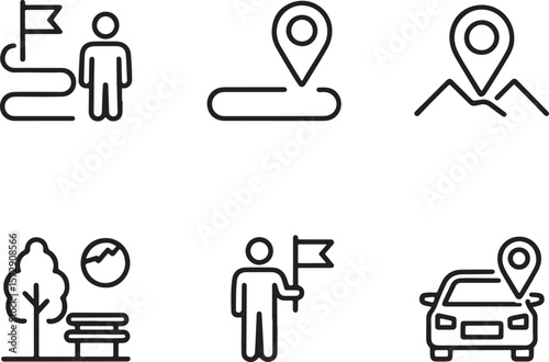 Navigational Icons Depicting Travel, Geography, and Exploration Representations Including Route, Location Pin and Person with Flag Symbols for Direction and Tourism