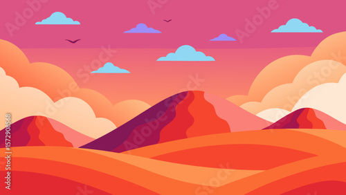 Mountain landscape with a vibrant sky and fluffy clouds, illustrating nature's beauty at sunrise or sunset